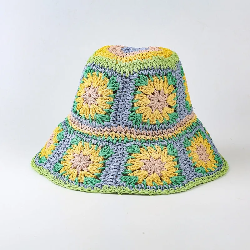 Floral Crochet Straw Bucket Hats - 11 Colors