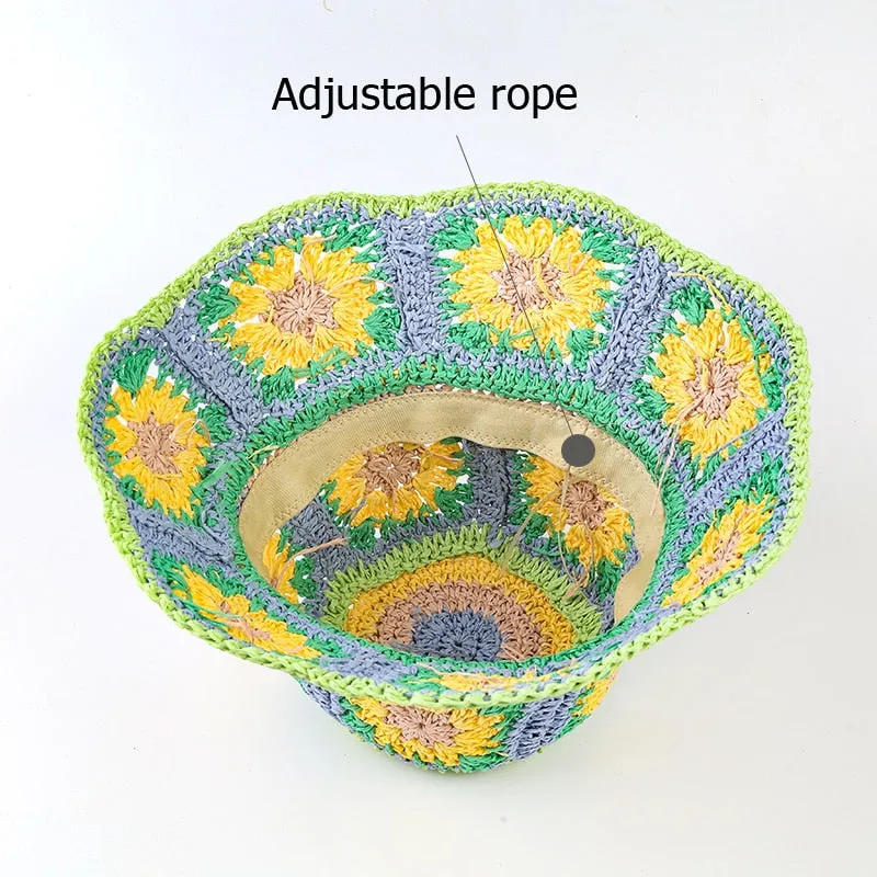 Floral Crochet Straw Bucket Hats - 11 Colors