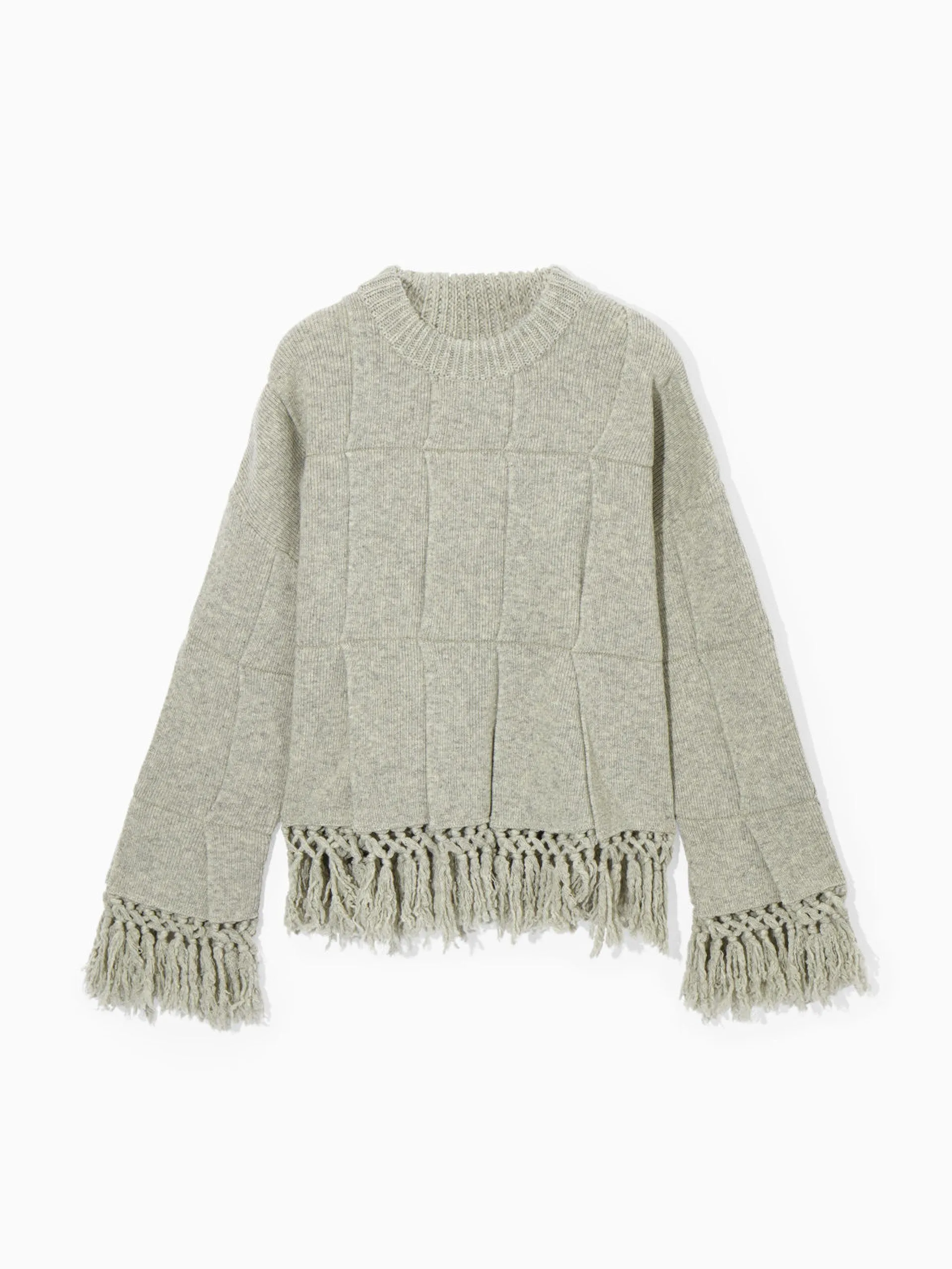 Fringed panelled wool grey jumper