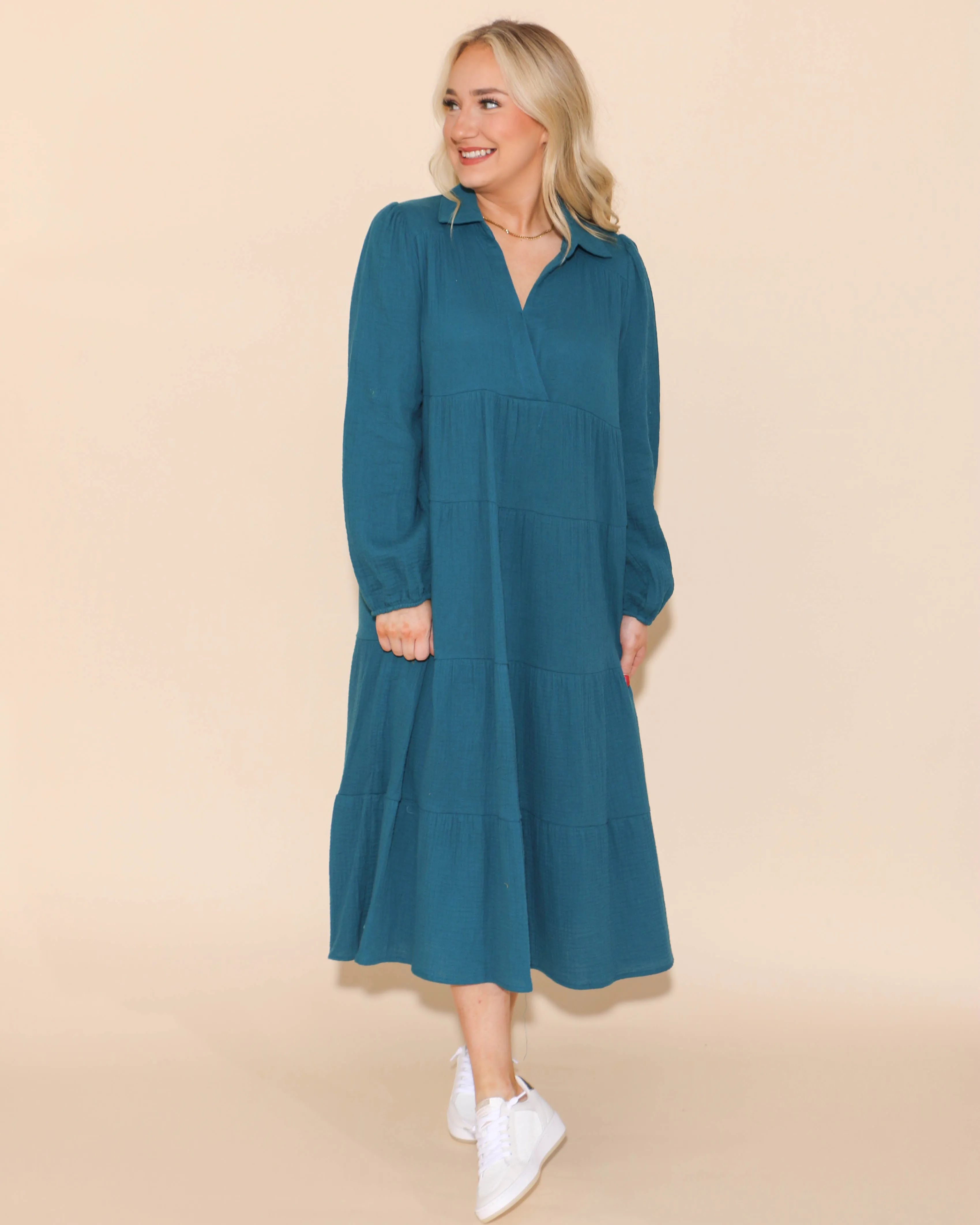 Gauze Long Sleeve Split Neck Maxi