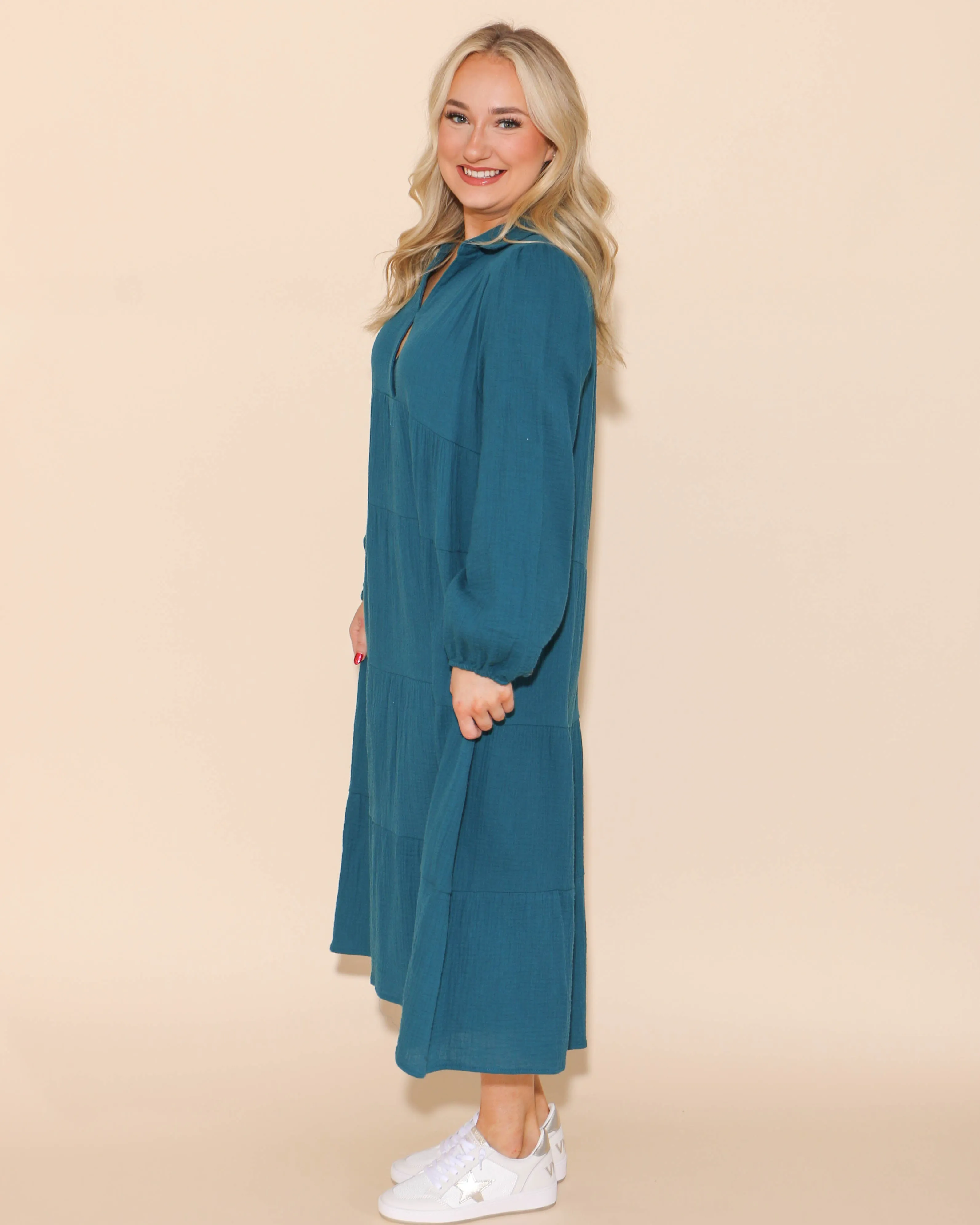 Gauze Long Sleeve Split Neck Maxi