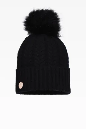 Georgie Cashmere Cable Rib Pom Pom Hat in Black with Faux Fur Pom