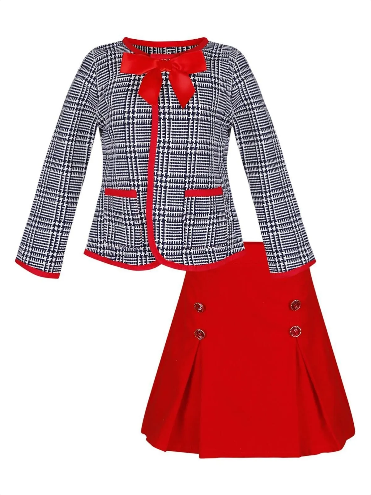 Girls Preppy Navy And Creme Tweed Red Bow Pocket Jacket And Red Pleated Skirt Set