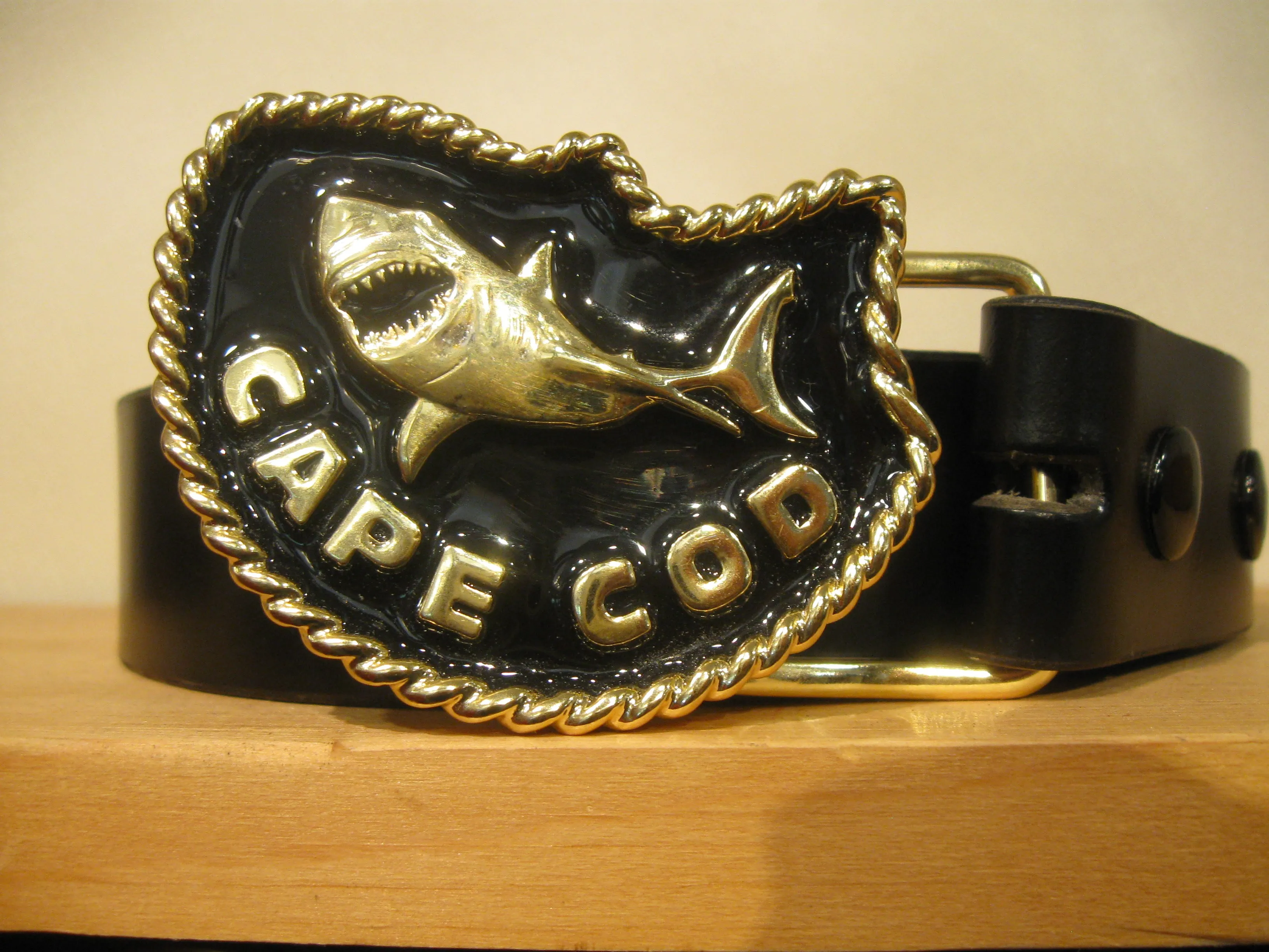 Great White Shark Brass/Black Belt Buckle and Belt by Sur Tan