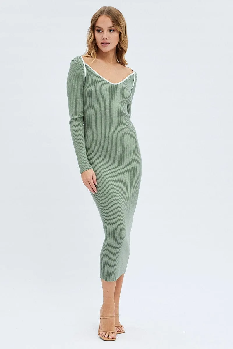 Green Midi Dress Long Sleeve Sweetheart Contrast Bind