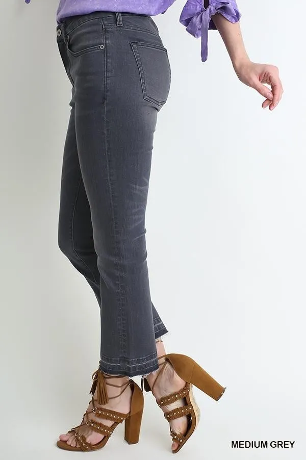 Grey 5 Pocket Mid Rise Cropped Kick Flare Jean with Raw Unfinished Hem