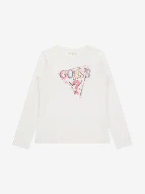 Guess Girls Long Sleeve Logo T-Shirt in White