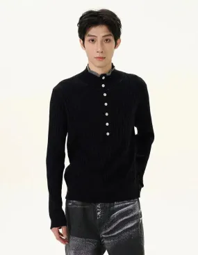 Half Buttoned-Down Knit Long Sleeve T-Shirt