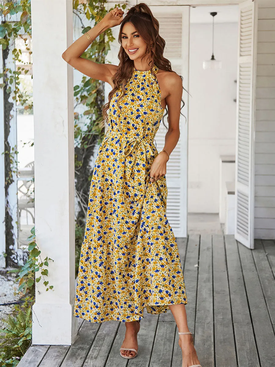 Halter Neck Bohemian Floral Printed Sleeveless Swing Boho Dress