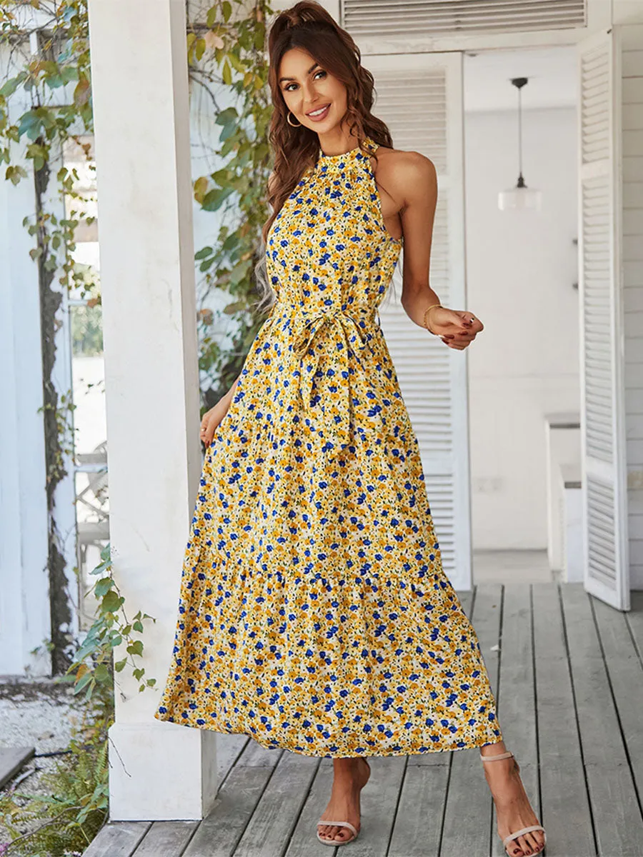 Halter Neck Bohemian Floral Printed Sleeveless Swing Boho Dress