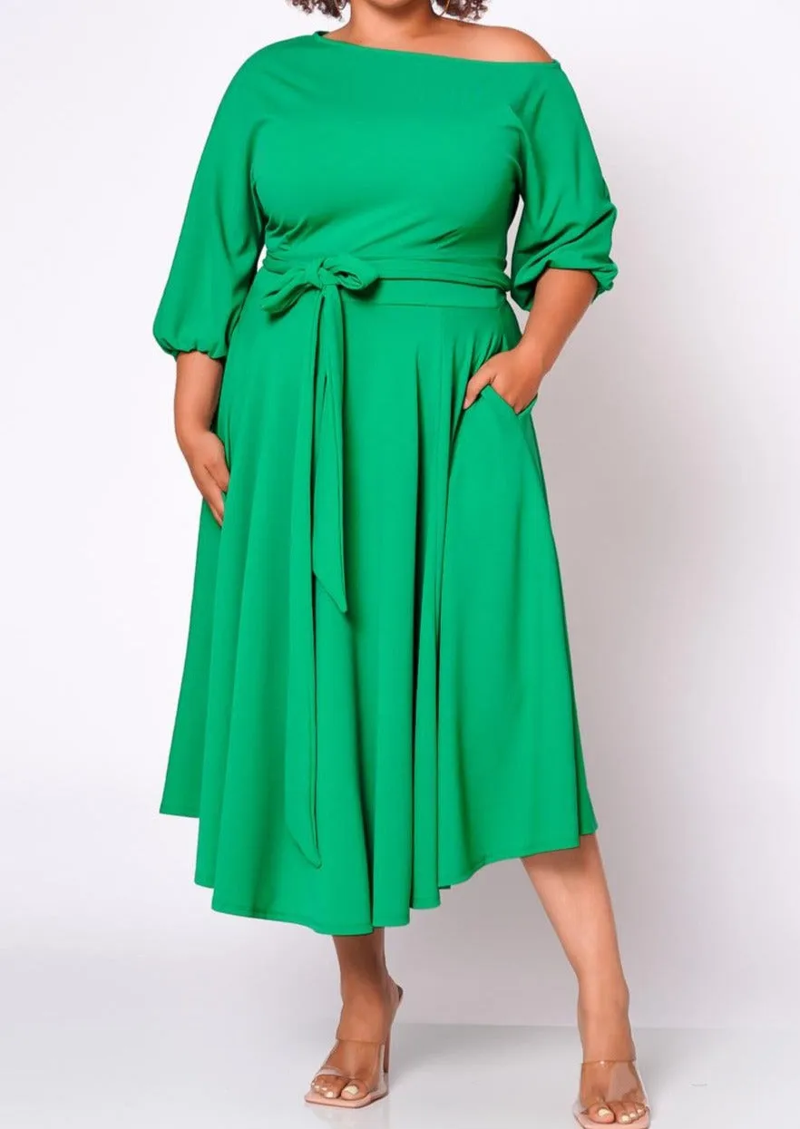 Hi Curvy Plus Size Women Flare Maxi Dress With Pockets & Belt