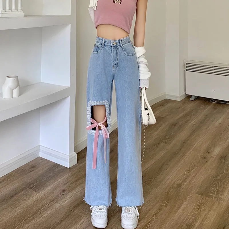 High Waist Pink Bow Ribbon White Lace Denim Pants Jeans