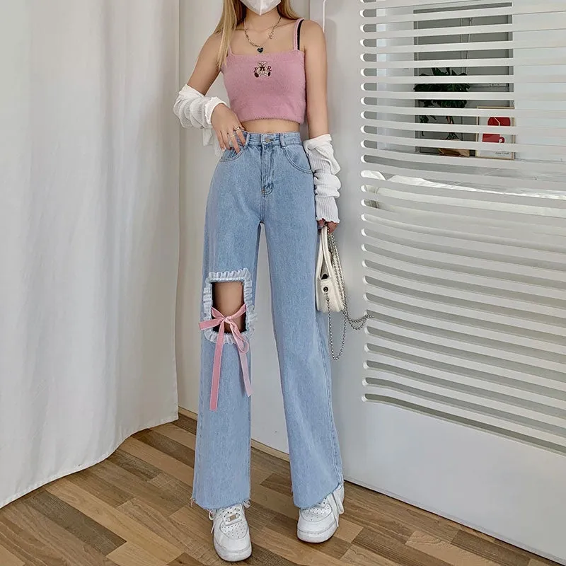 High Waist Pink Bow Ribbon White Lace Denim Pants Jeans