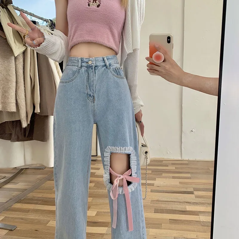 High Waist Pink Bow Ribbon White Lace Denim Pants Jeans