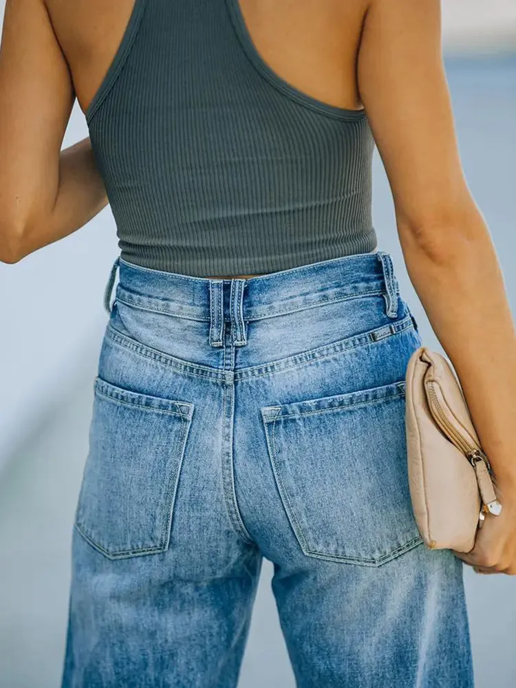 High-Waist Ripped Wide-Leg Denim Pants