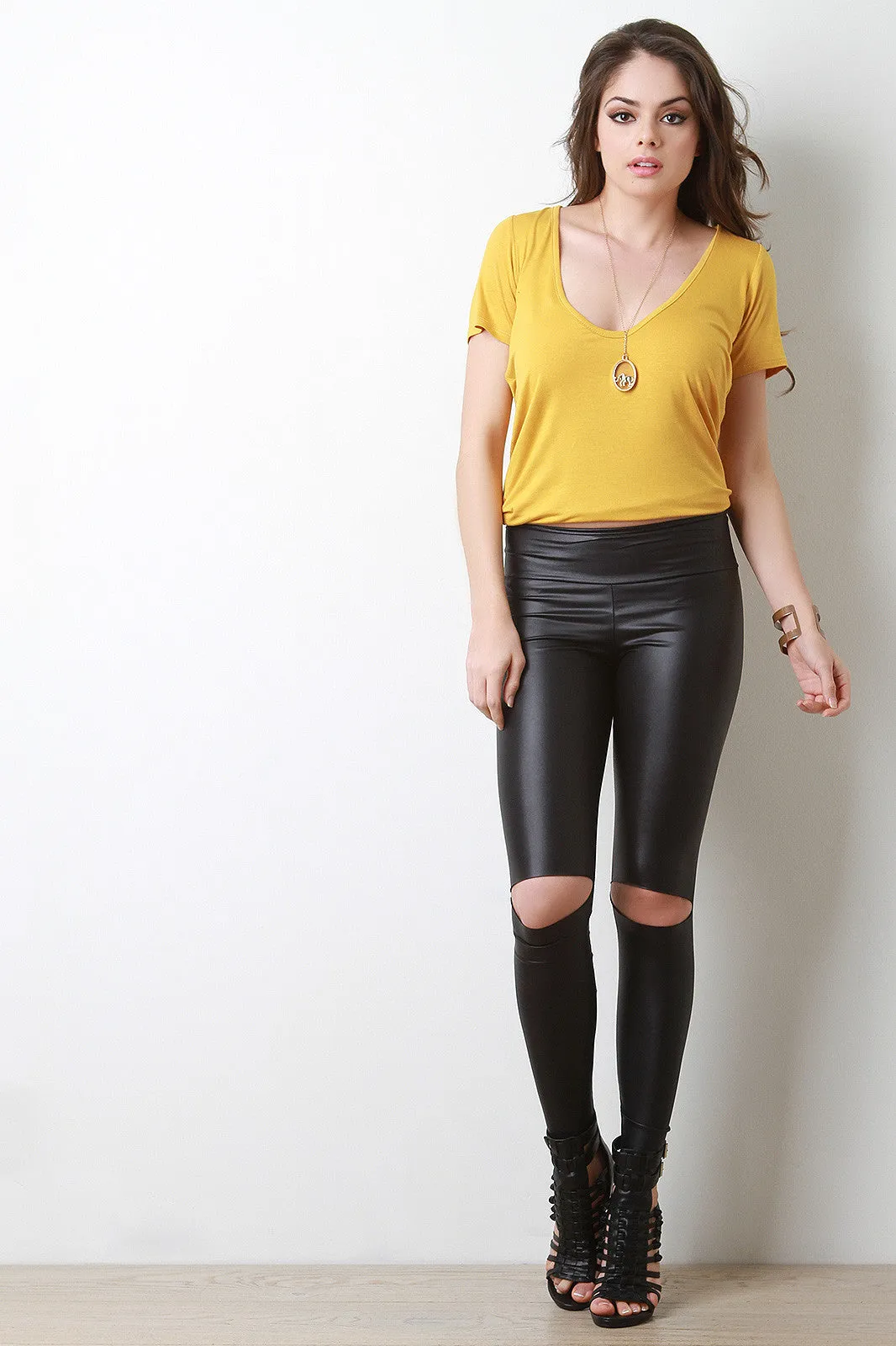 High Waist Vegan Leather Slit Knee Leggings