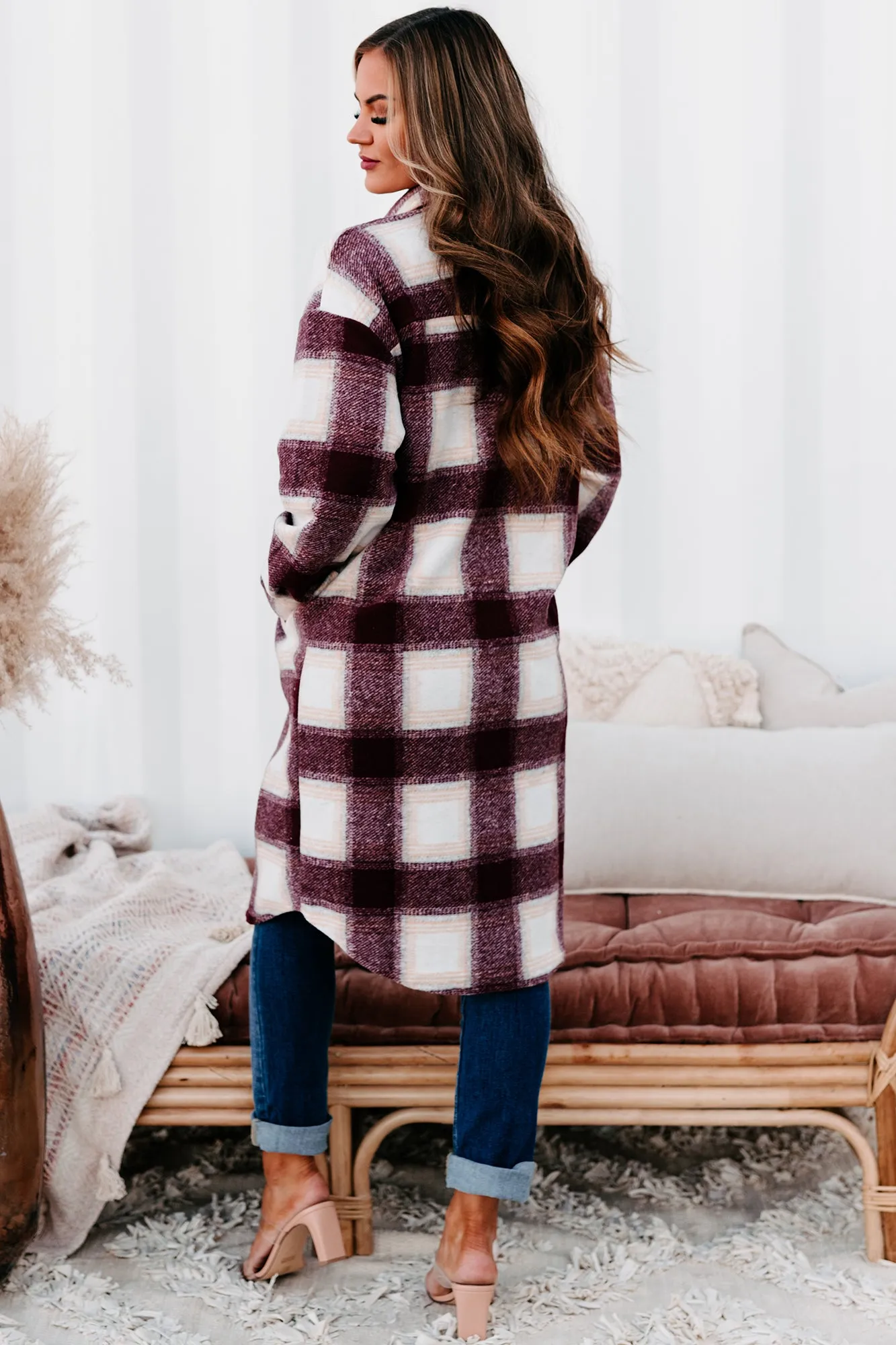 Hill Country Hideaway Long Plaid Shacket (Burgundy)