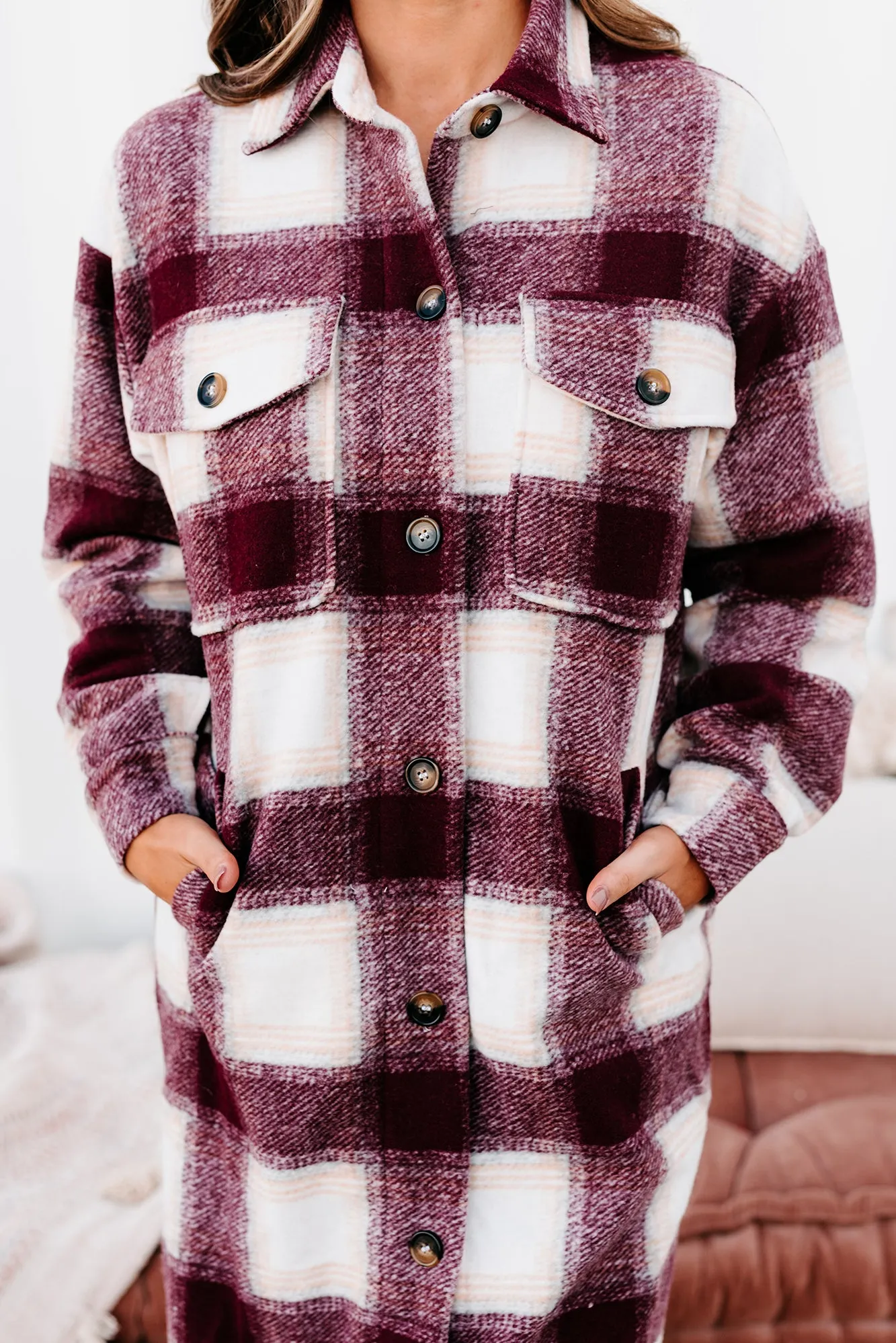 Hill Country Hideaway Long Plaid Shacket (Burgundy)