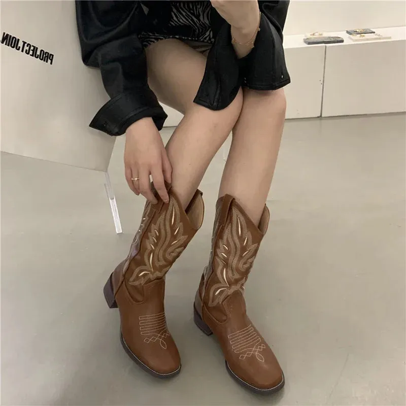 Hnzxzm Embroidery Women Western Cowgirl Booties Fashion Slip On Mid Calf Booties Autumn Winter Female Shoes