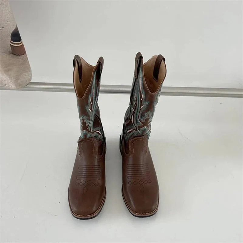 Hnzxzm Embroidery Women Western Cowgirl Booties Fashion Slip On Mid Calf Booties Autumn Winter Female Shoes