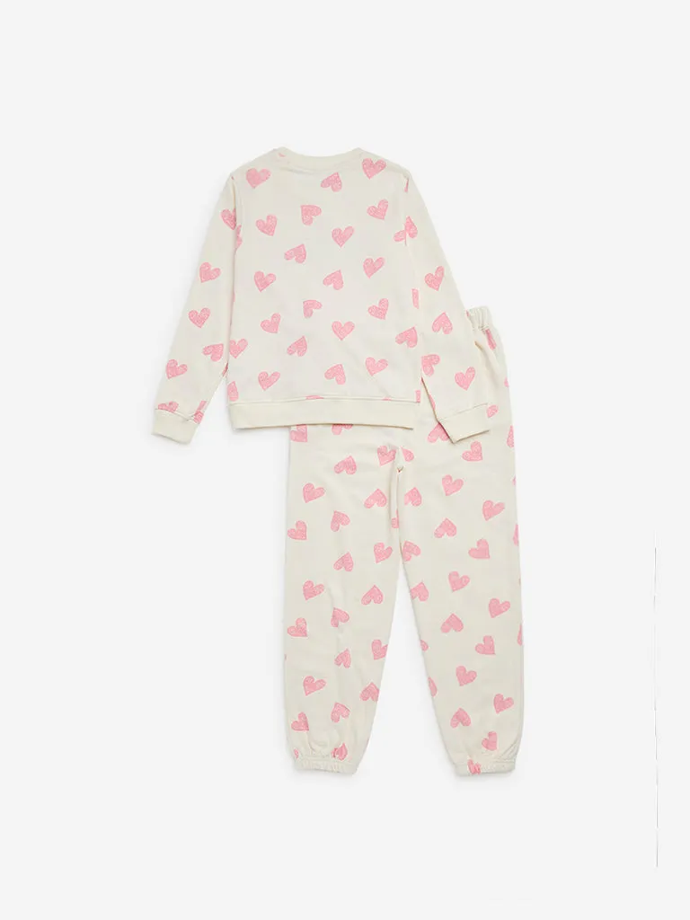 HOP Kids Off-White Heart Design Sweatshirt with Joggers Set