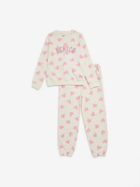 HOP Kids Off-White Heart Design Sweatshirt with Joggers Set