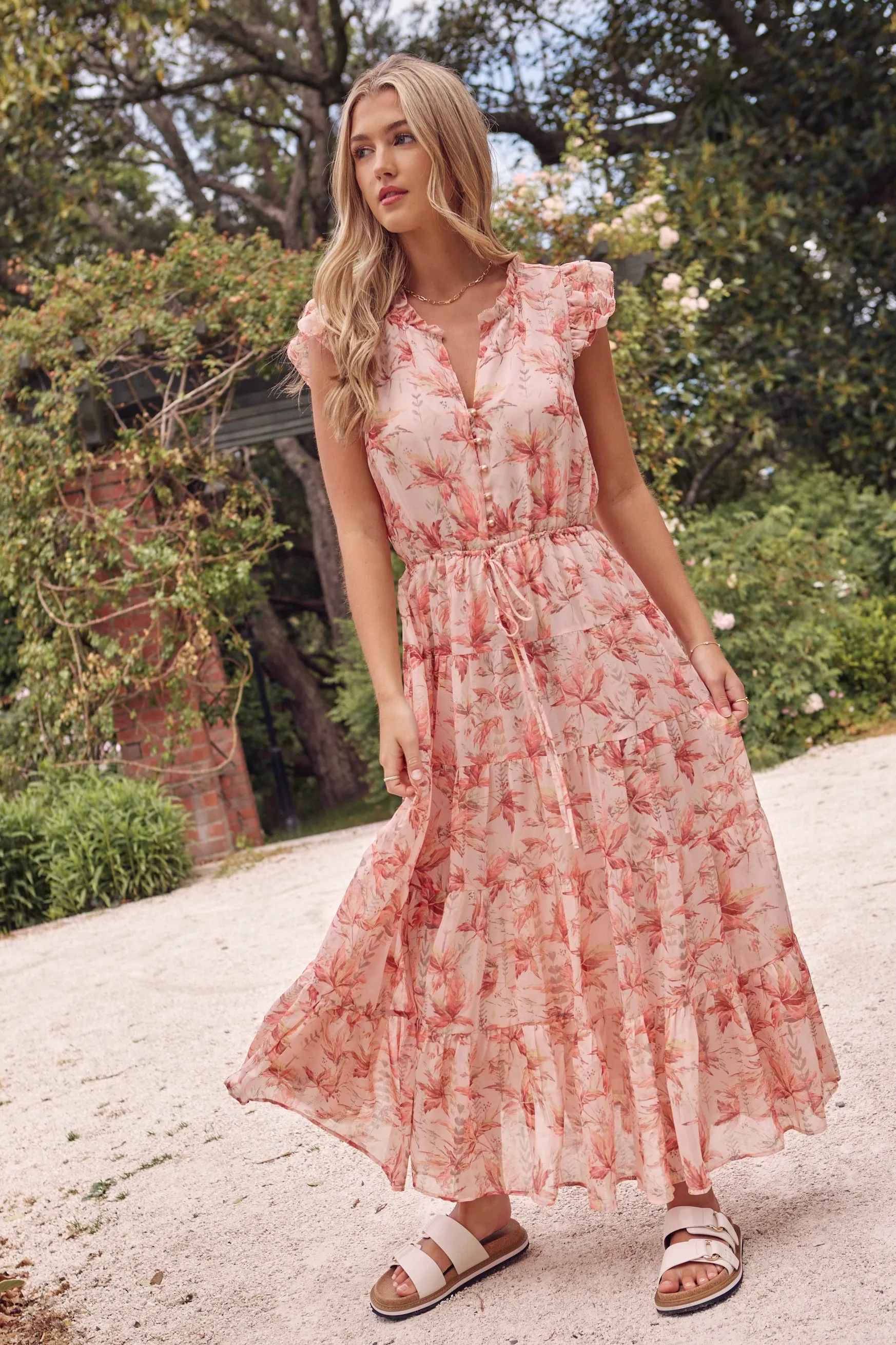 Infatuation Peach Paradise Floral Flutter Sleeve Tiered Maxi Dress