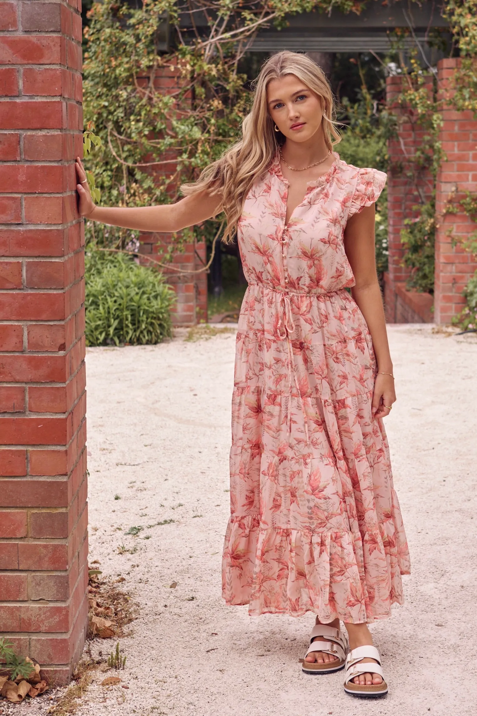 Infatuation Peach Paradise Floral Flutter Sleeve Tiered Maxi Dress