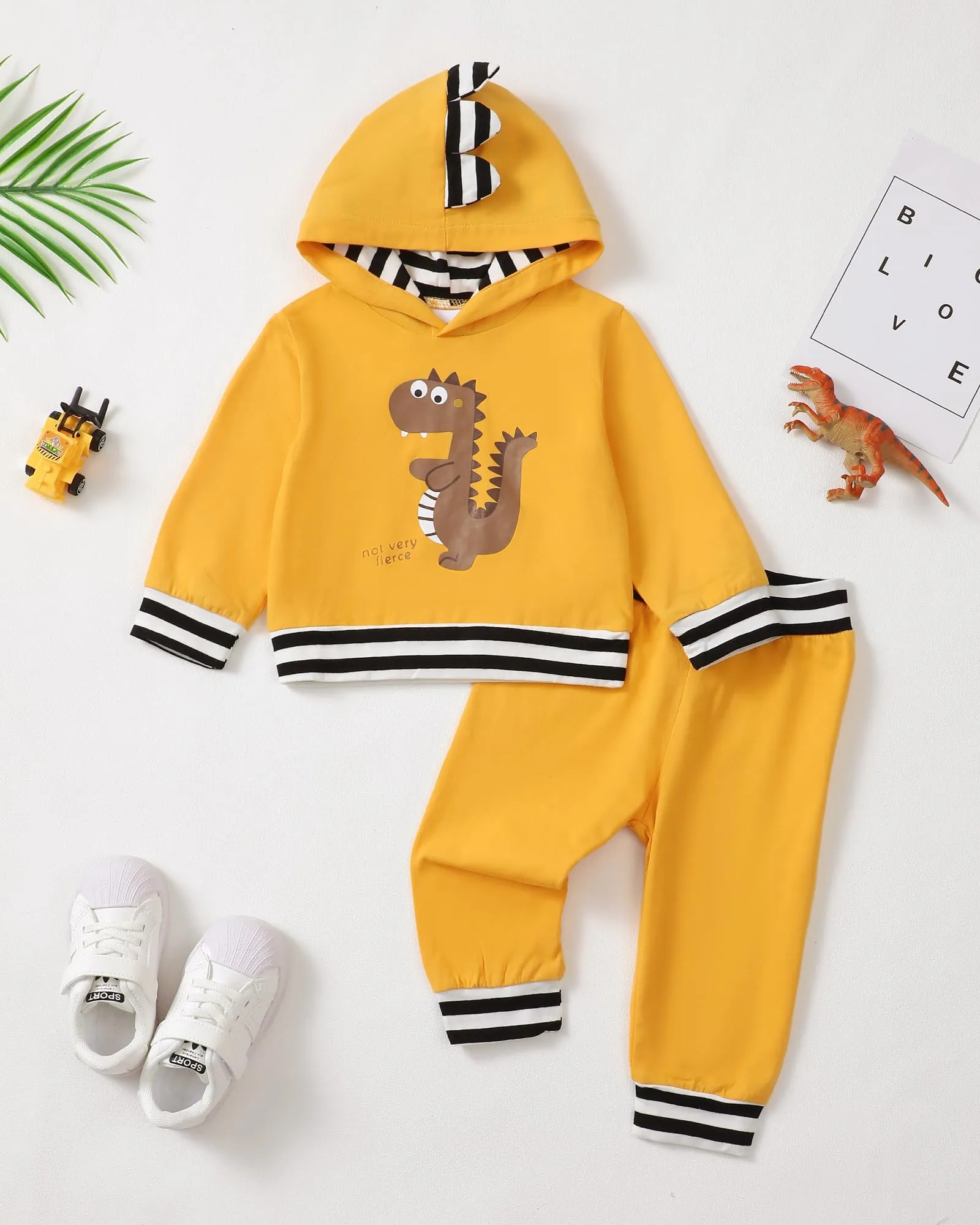 KIMI BEAR Toddler Baby Boys Clothes Long Sleeve Hooded Tops Sweatshirts Pants Outfit Set Boys Fall Winter Spring Outfits (B Yellow, 12-18 Months)