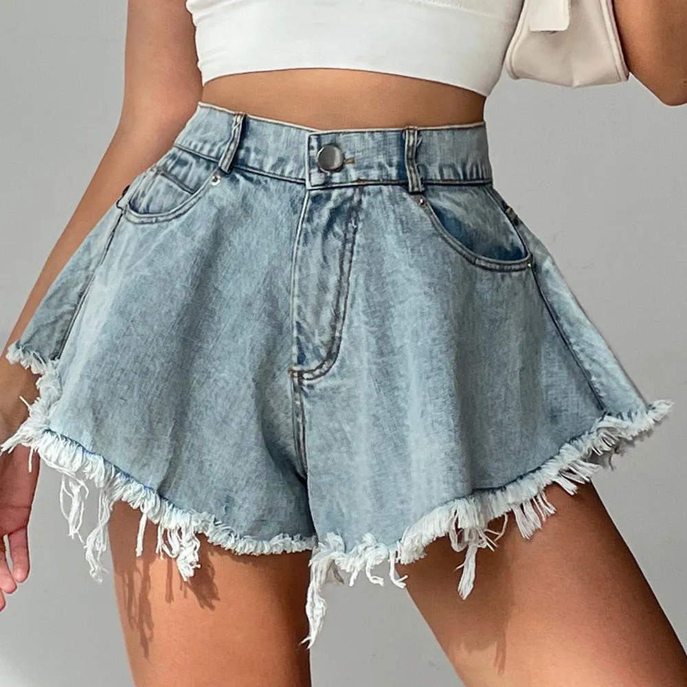 KittenAlarm - New Women Denim Shorts With Holes And High Waist Loose Tassel Jeans S-XXL