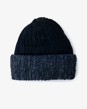 Kobo Oriza Knit Cap, Multi Functional, Cotton and Wool Blend, Split Dark Navy and Indigo, 9 ˝