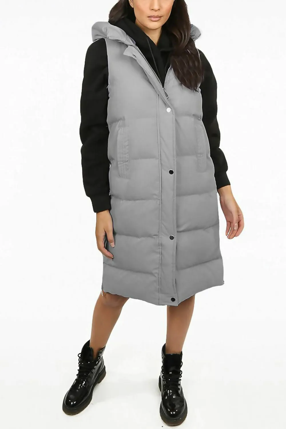 Ladies Puffer Jackets Long Padded Hooded Longline Gilet Winter Coats