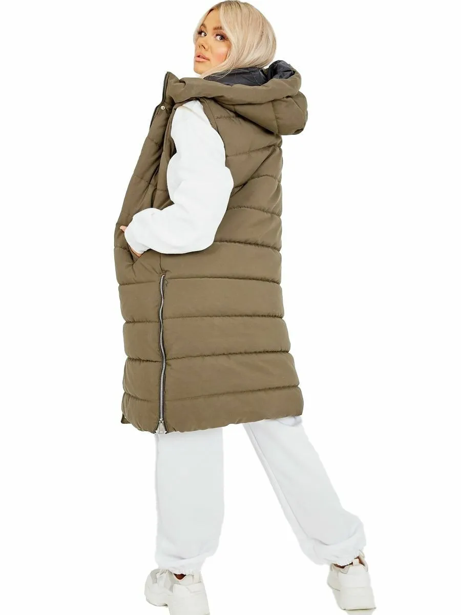 Ladies Puffer Jackets Long Padded Hooded Longline Gilet Winter Coats