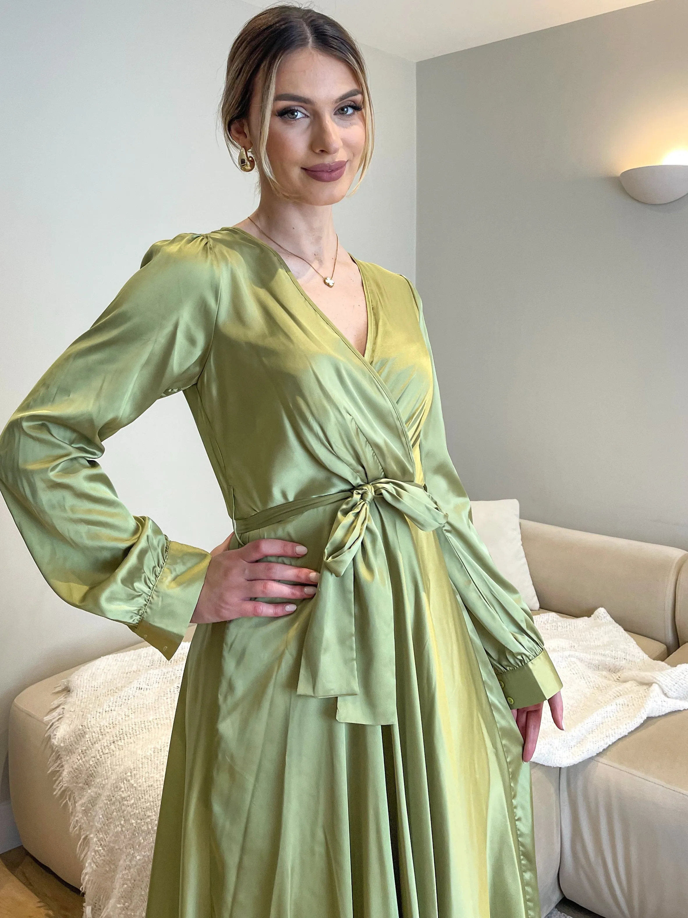 LIME GREEN SATIN BELTED MAXI DRESS