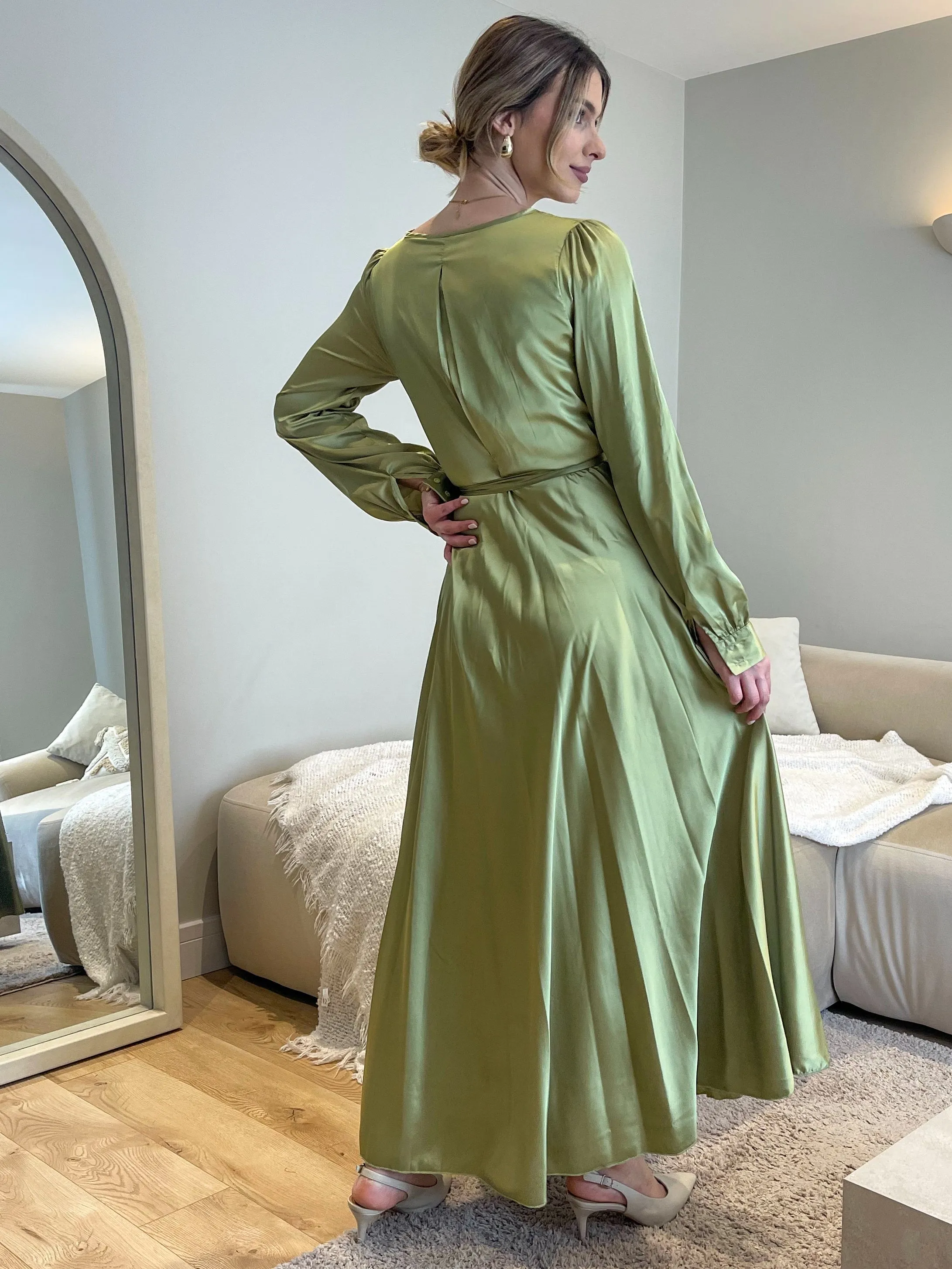 LIME GREEN SATIN BELTED MAXI DRESS