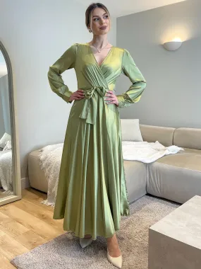 LIME GREEN SATIN BELTED MAXI DRESS