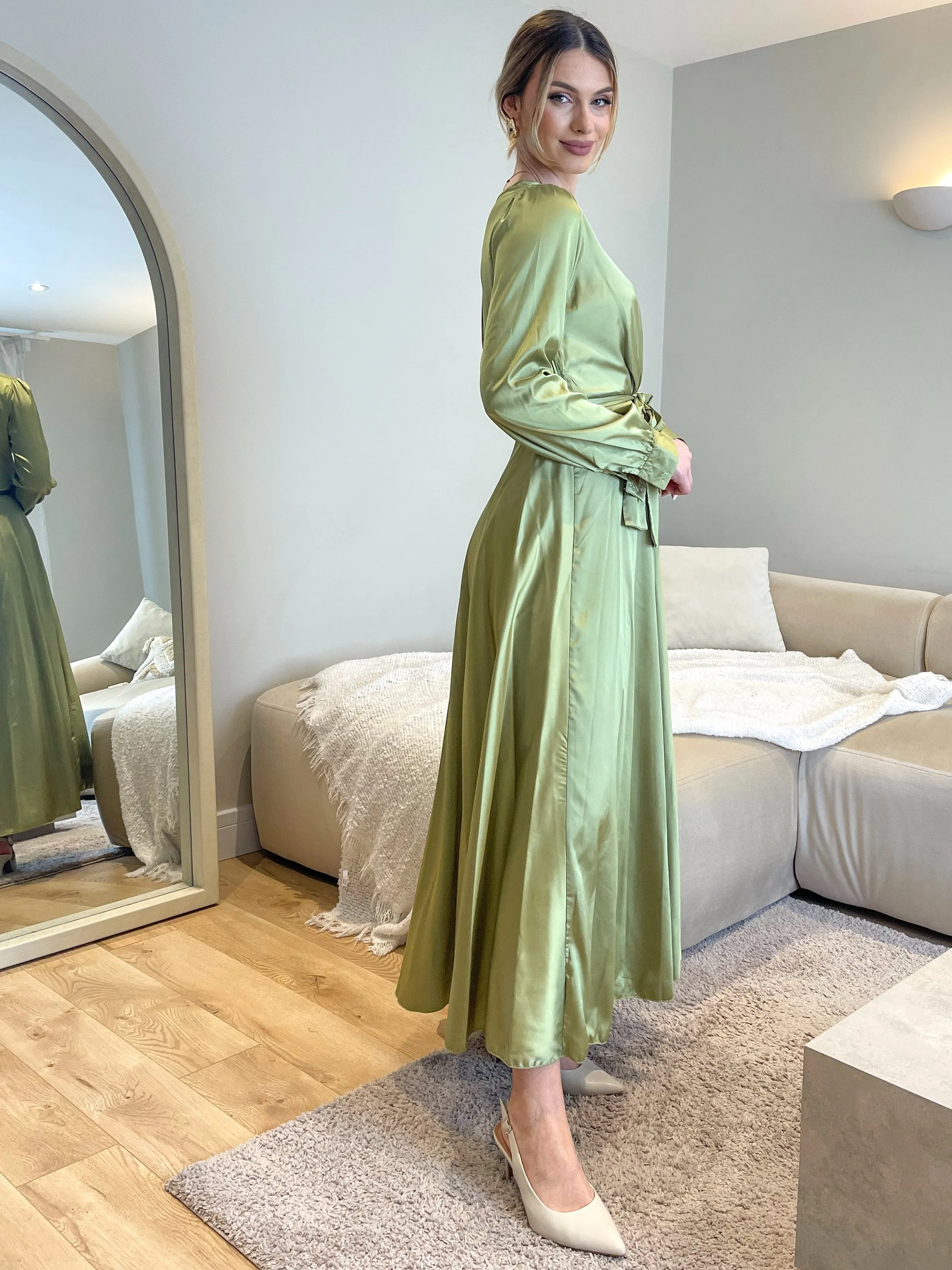 LIME GREEN SATIN BELTED MAXI DRESS