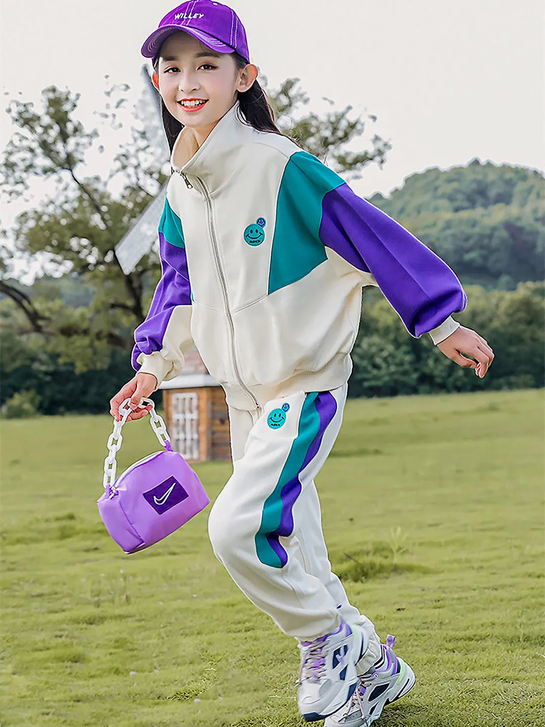 Little Surprise Box,Cream With Teal & Purple Stripes 2Pcs Track Suit Set For Kids & Tweens