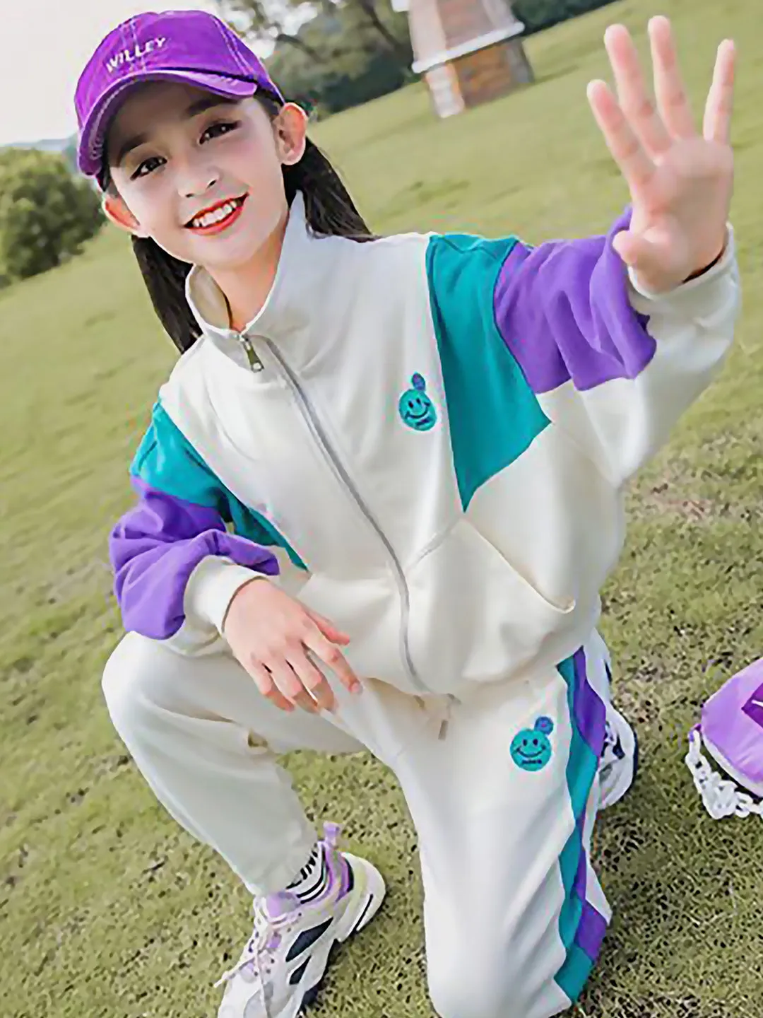 Little Surprise Box,Cream With Teal & Purple Stripes 2Pcs Track Suit Set For Kids & Tweens