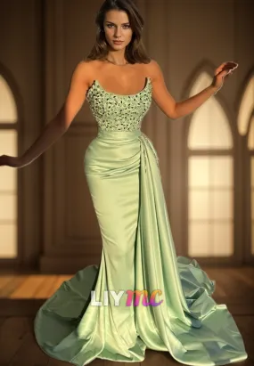 LP2283 - Scoop Sleeveless Beaded Pleated Bodycon Mermaid Prom Dress