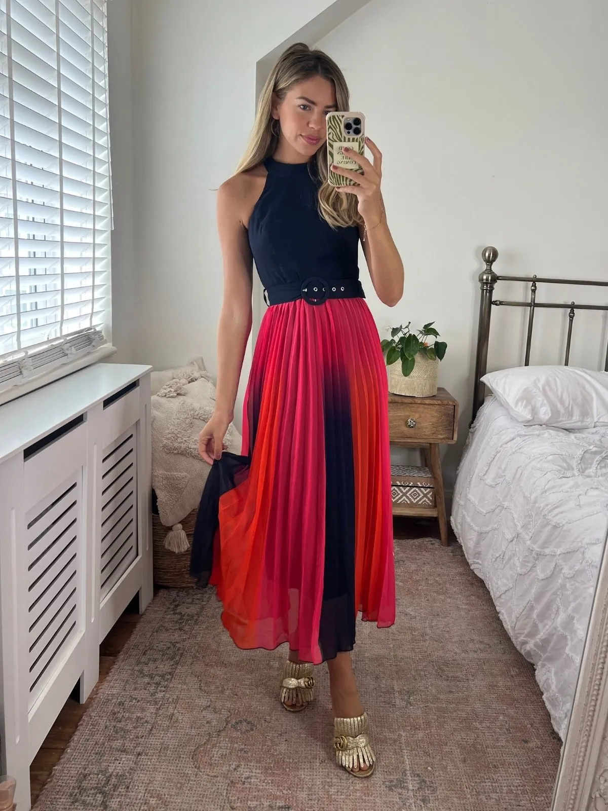 Luisa Belted Pleated Maxi Dress / Navy & Orange Ombre