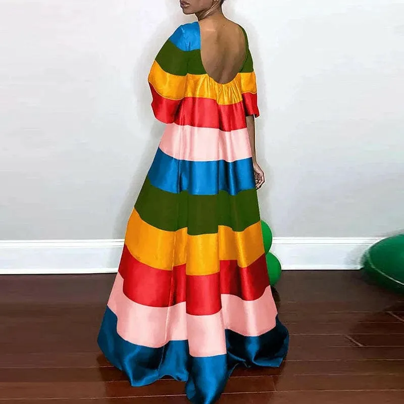 Luxury Rainbow Striped Evening Dress for Elegant Occasions