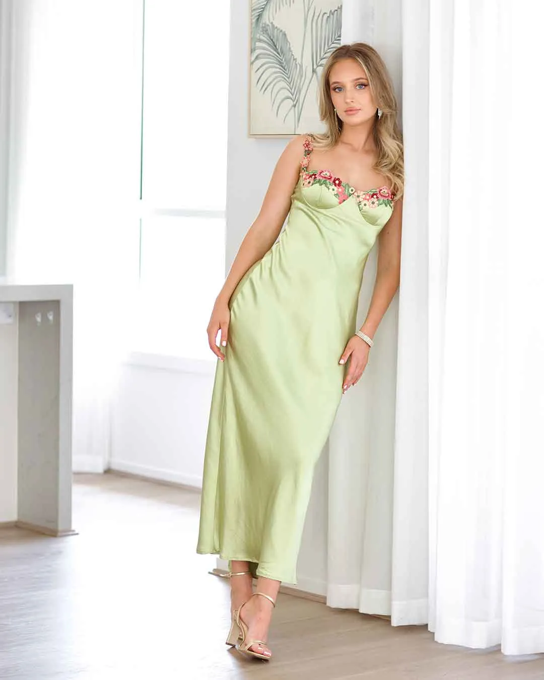 Maria Satin Maxi Dress - Lime