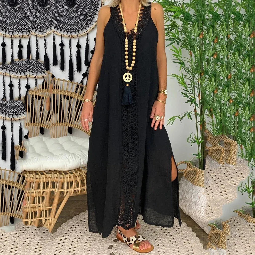 Maxi Dress with V-Neck and Lace Details for Summer