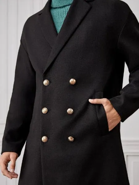 Men Lapel Collar Double Breasted Overcoat