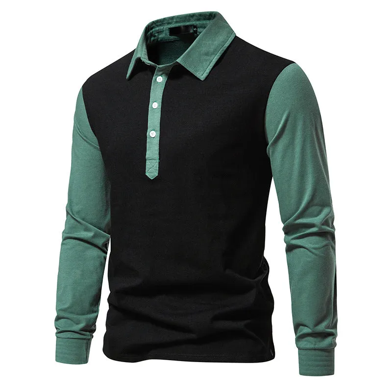 Men Turnover Collar Bicolor Long Sleeves T-Shirt