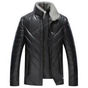 Men’s Black Genuine Sheepskin Faux Fur Collar Quilted Shoulders Padded Thick Winter Warm Puffer Leather Jacket