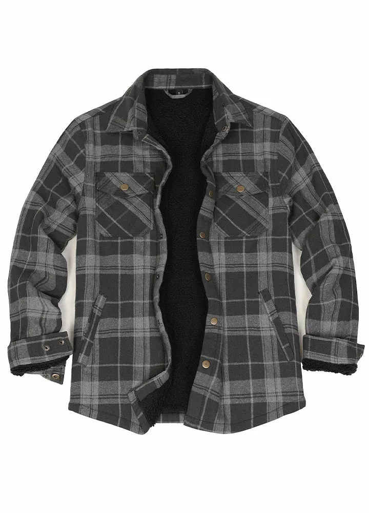 Men's Snap Front Flannel Shirt Jacket, Sherpa-Lined Plaid Shacket