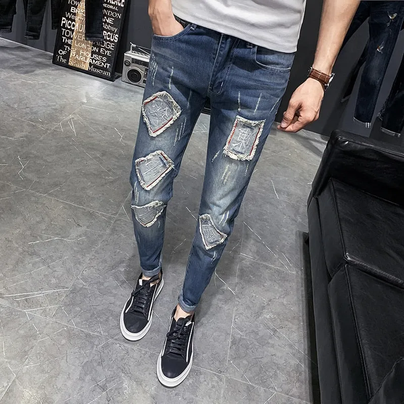 Multi Squares Patched Hip Hop Ripped Style Men Jeans