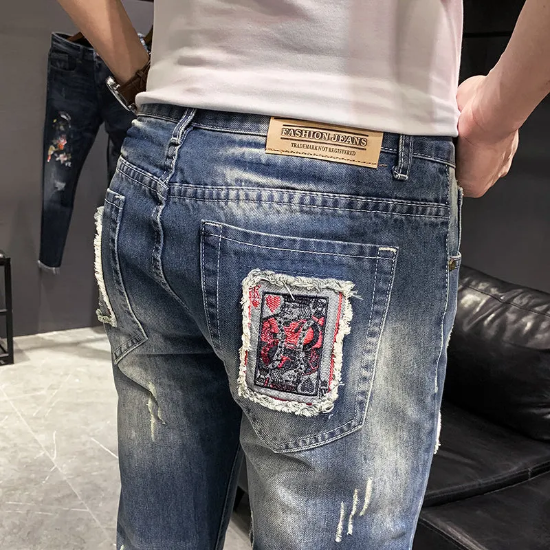 Multi Squares Patched Hip Hop Ripped Style Men Jeans